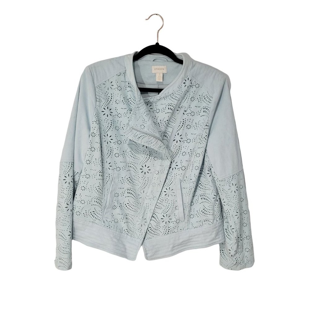 Chico's Women's Biker Jacket Color Light Blue Laser cut details Sz 1 - Picture 2 of 8